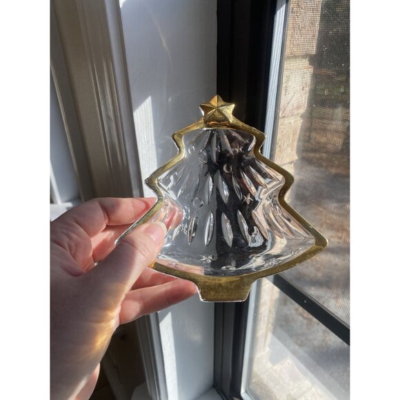 Vintage Glass Christmas Tree Candy Dish With Gold Rim - Picture 3 of 4